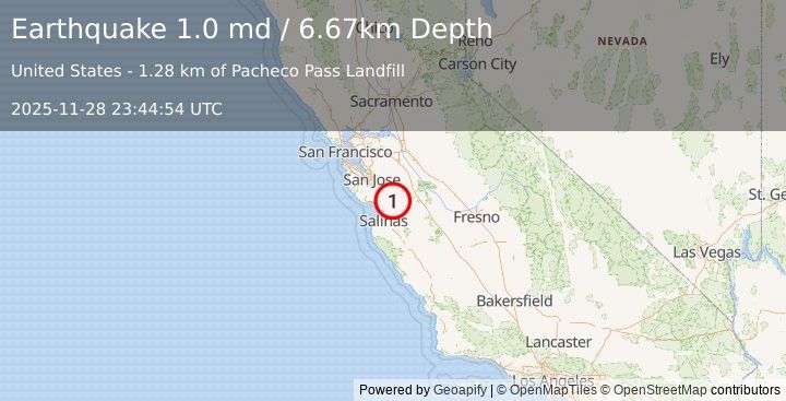 Earthquake 9 km E of Gilroy, CA (1.0 md) (2025-11-28 23:44:54 UTC)