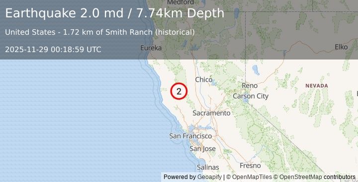 Earthquake 9 km SSE of Lake Pillsbury, CA (2.0 md) (2025-11-29 00:18:59 UTC)
