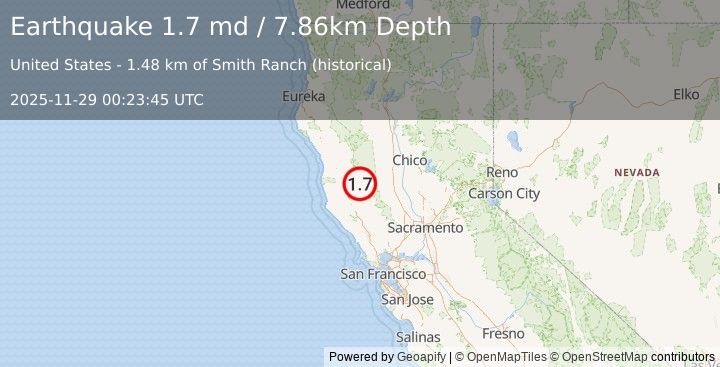 Earthquake 9 km SSE of Lake Pillsbury, CA (1.7 md) (2025-11-29 00:23:45 UTC)