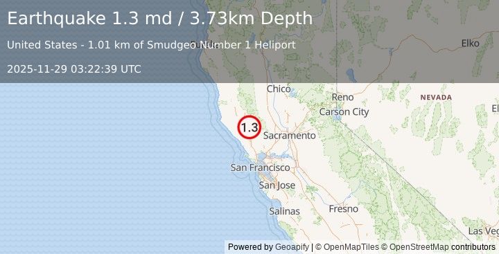 Earthquake 1 km NW of The Geysers, CA (1.3 md) (2025-11-29 03:22:39 UTC)