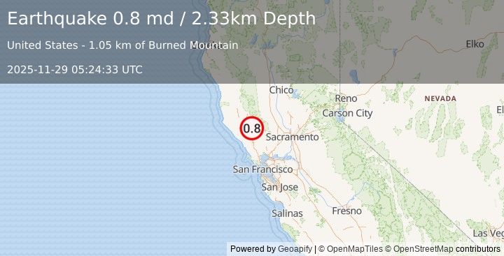 Earthquake 2 km NNW of The Geysers, CA (0.8 md) (2025-11-29 05:24:33 UTC)