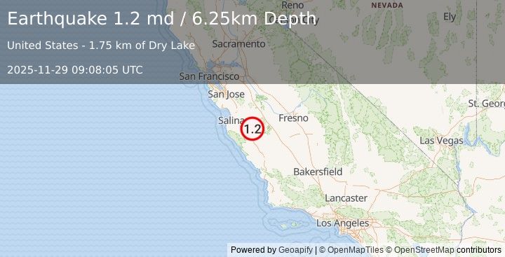 Earthquake 10 km SE of Pinnacles, CA (1.2 md) (2025-11-29 09:08:05 UTC)