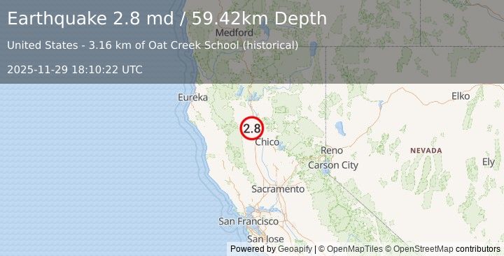 Earthquake 9 km ENE of Rancho Tehama Reserve, CA (2.8 md) (2025-11-29 18:10:22 UTC)