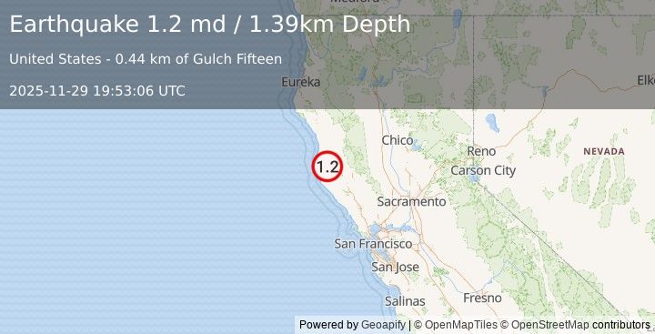 Earthquake 21 km E of Navarro Head, CA (1.2 md) (2025-11-29 19:53:06 UTC)