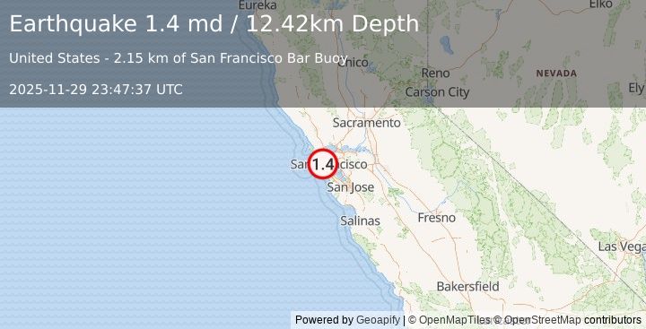 Earthquake 7 km NW of San Francisco Zoo, CA (1.4 md) (2025-11-29 23:47:37 UTC)