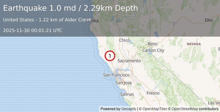 Earthquake 13 km NW of The Geysers, CA (1.0 md) (2025-11-30 00:01:21 UTC)
