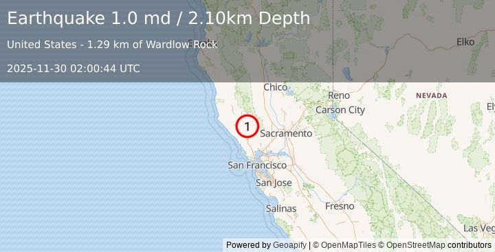 Earthquake 3 km SE of The Geysers, CA (1.0 md) (2025-11-30 02:00:44 UTC)