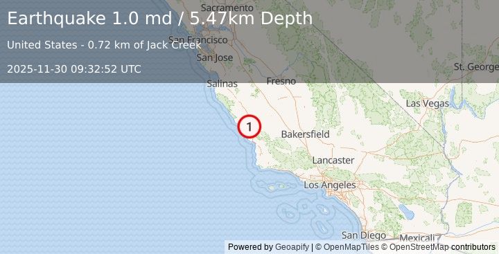 Earthquake 7 km W of Templeton, CA (1.0 md) (2025-11-30 09:32:52 UTC)