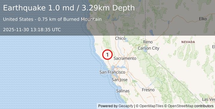 Earthquake 3 km NW of The Geysers, CA (1.0 md) (2025-11-30 13:18:35 UTC)