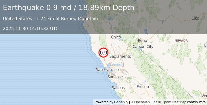 Earthquake 4 km NW of The Geysers, CA (0.9 md) (2025-11-30 14:10:32 UTC)