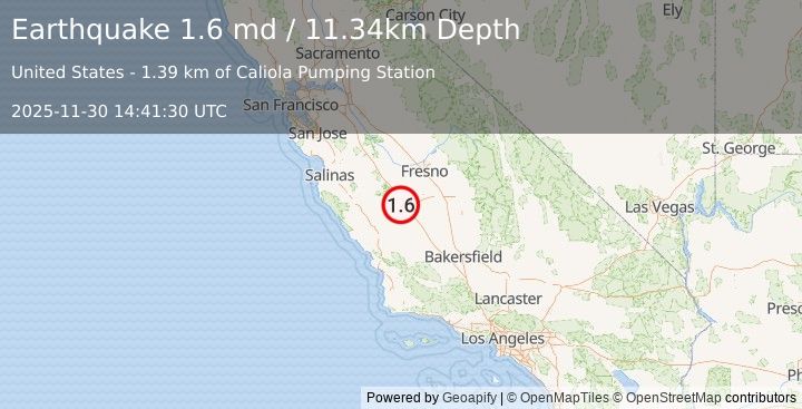 Earthquake 12 km NE of Coalinga, CA (1.6 md) (2025-11-30 14:41:30 UTC)