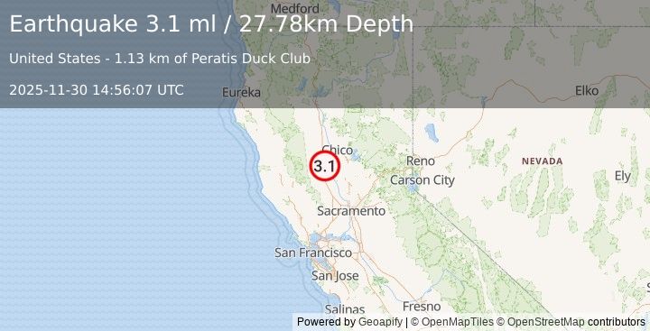 Earthquake 11 km SSE of Willows, CA (3.1 ml) (2025-11-30 14:56:07 UTC)