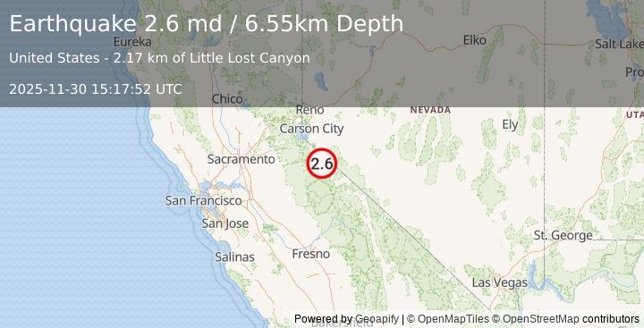 Earthquake 5 km SW of Walker, CA (2.6 md) (2025-11-30 15:17:52 UTC)