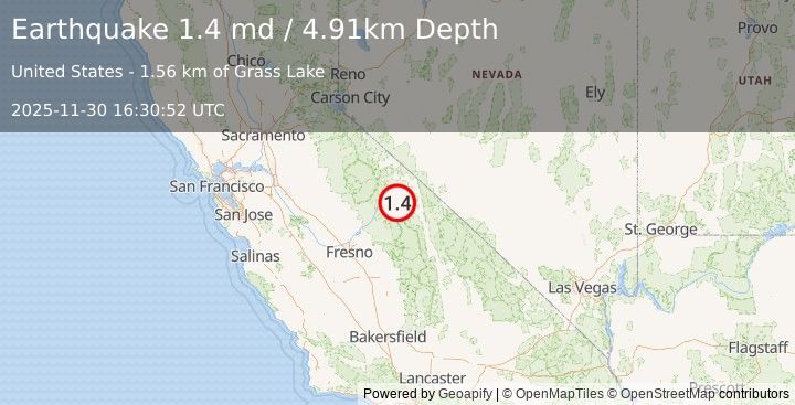 Earthquake 14 km WSW of Toms Place, CA (1.4 md) (2025-11-30 16:30:52 UTC)
