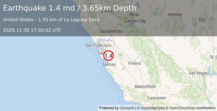 Earthquake 6 km NNW of Morgan Hill, CA (1.4 md) (2025-11-30 17:30:02 UTC)