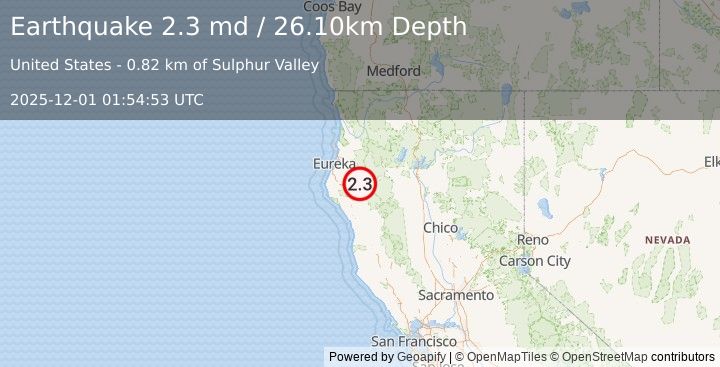 Earthquake 37 km WSW of Hayfork, CA (2.3 md) (2025-12-01 01:54:53 UTC)