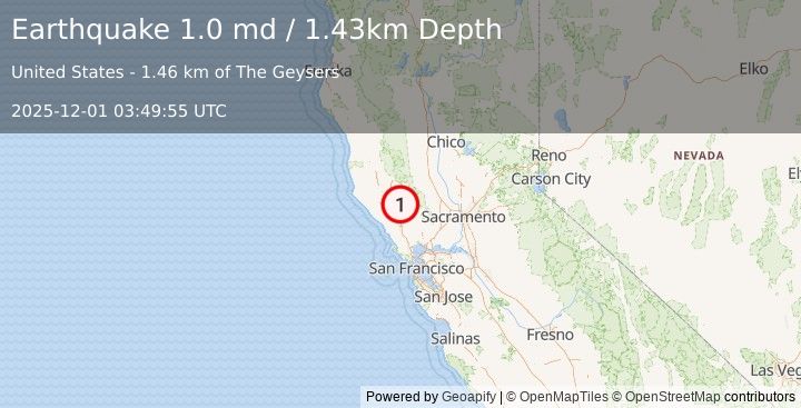 Earthquake 2 km ESE of The Geysers, CA (1.0 md) (2025-12-01 03:49:55 UTC)