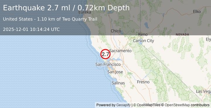 Earthquake 7 km WSW of Kenwood, CA (2.7 ml) (2025-12-01 10:14:24 UTC)