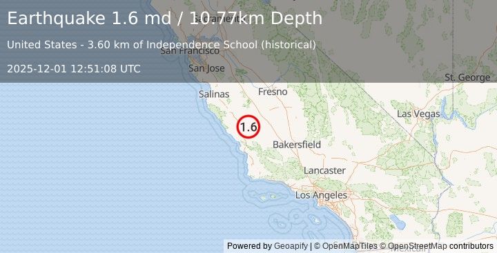 Earthquake 13 km WSW of Parkfield, CA (1.6 md) (2025-12-01 12:51:08 UTC)
