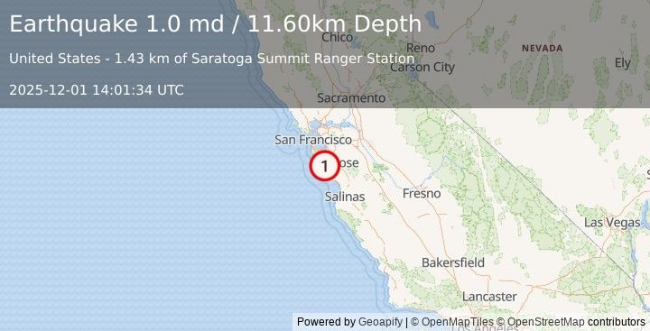 Earthquake 9 km SSW of Loyola, CA (1.0 md) (2025-12-01 14:01:34 UTC)