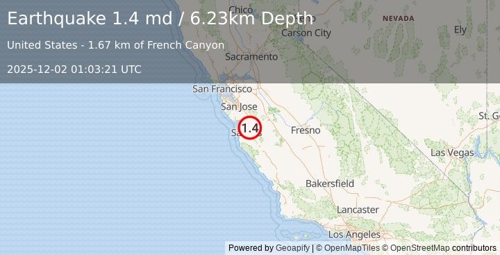 Earthquake 5 km S of San Juan Bautista, CA (1.4 md) (2025-12-02 01:03:21 UTC)