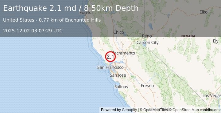 Earthquake 6 km WSW of Yountville, CA (2.1 md) (2025-12-02 03:07:29 UTC)