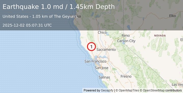 Earthquake 1 km WNW of The Geysers, CA (1.0 md) (2025-12-02 05:07:31 UTC)