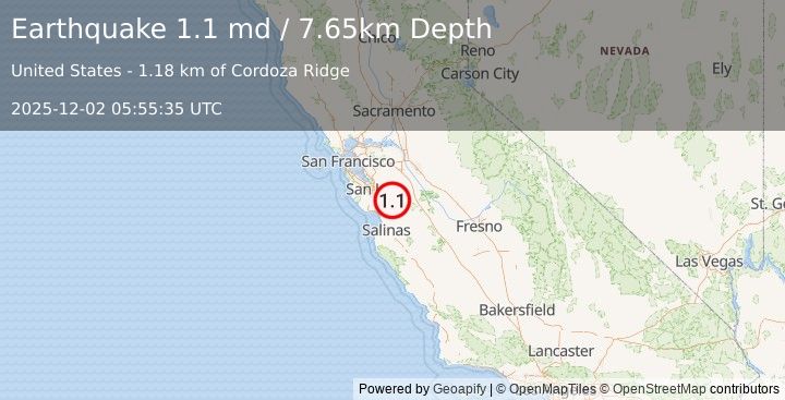 Earthquake 11 km NE of San Martin, CA (1.1 md) (2025-12-02 05:55:35 UTC)