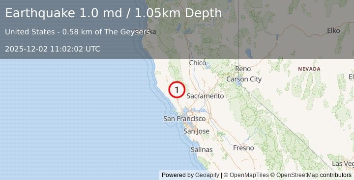 Earthquake 0 km NNW of The Geysers, CA (1.0 md) (2025-12-02 11:02:02 UTC)