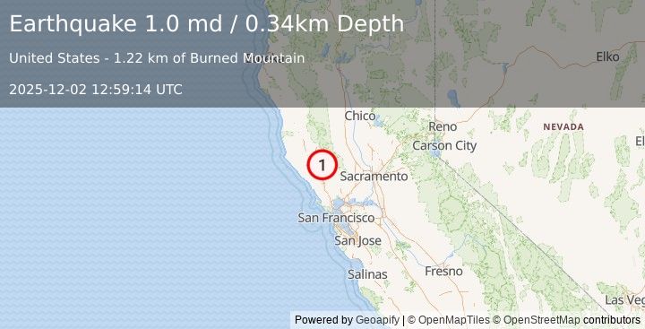 Earthquake 2 km N of The Geysers, CA (1.0 md) (2025-12-02 12:59:14 UTC)