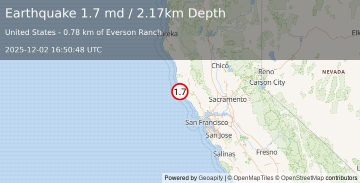 Earthquake 12 km SE of Point Arena, CA (1.7 md) (2025-12-02 16:50:48 UTC)