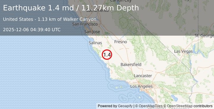 Earthquake 12 km ESE of San Ardo, CA (1.4 md) (2025-12-06 04:39:40 UTC)