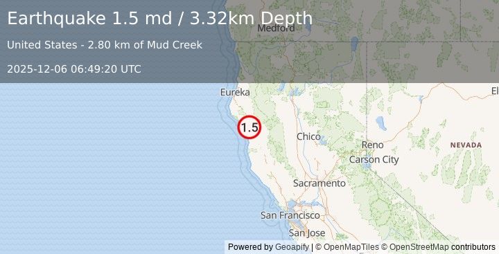 Earthquake 21 km SSE of Redway, CA (1.5 md) (2025-12-06 06:49:20 UTC)