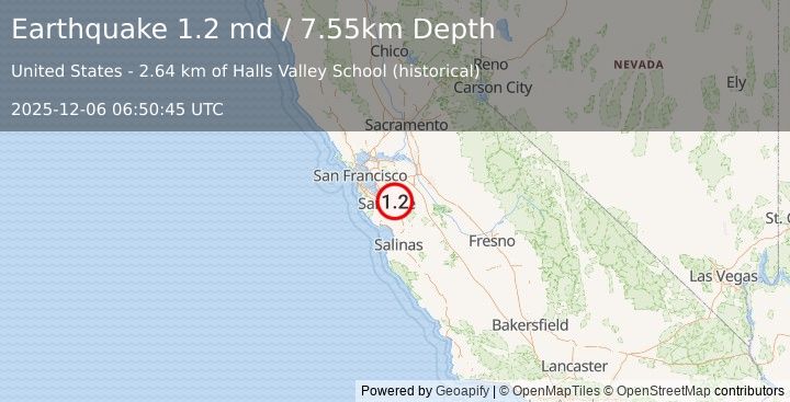 Earthquake 9 km E of Alum Rock, CA (1.2 md) (2025-12-06 06:50:45 UTC)
