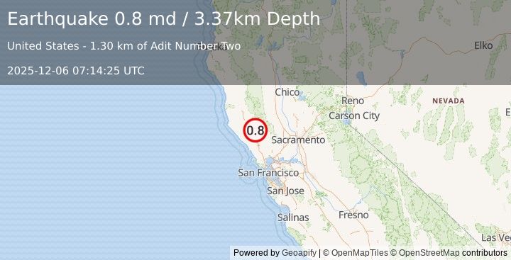 Earthquake 7 km NW of The Geysers, CA (0.8 md) (2025-12-06 07:14:25 UTC)