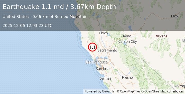 Earthquake 2 km NNW of The Geysers, CA (1.1 md) (2025-12-06 12:03:23 UTC)