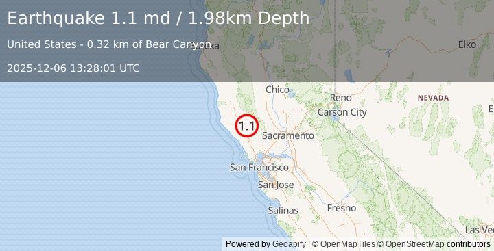 Earthquake 7 km NW of The Geysers, CA (1.1 md) (2025-12-06 13:28:01 UTC)
