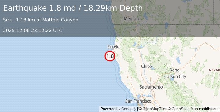 Earthquake 15 km WSW of Petrolia, CA (1.8 md) (2025-12-06 23:12:22 UTC)