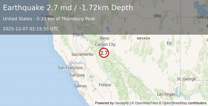Earthquake 7 km SW of Markleeville, CA (2.7 md) (2025-12-07 02:15:55 UTC)