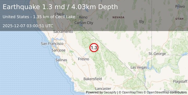 Earthquake 16 km SSE of Mammoth Lakes, CA (1.3 md) (2025-12-07 03:00:51 UTC)