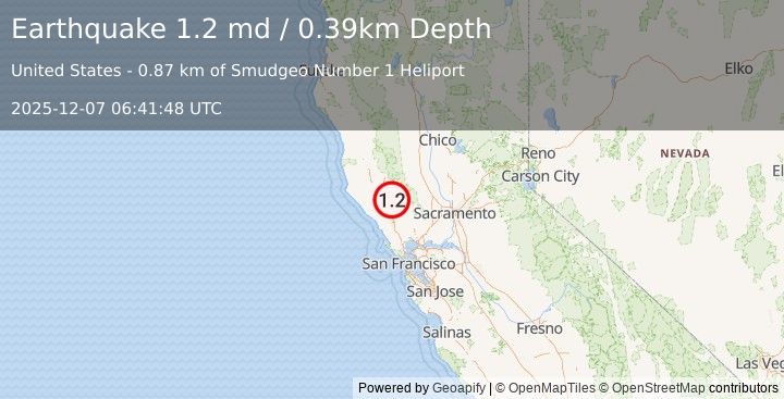 Earthquake 1 km NNW of The Geysers, CA (1.2 md) (2025-12-07 06:41:48 UTC)