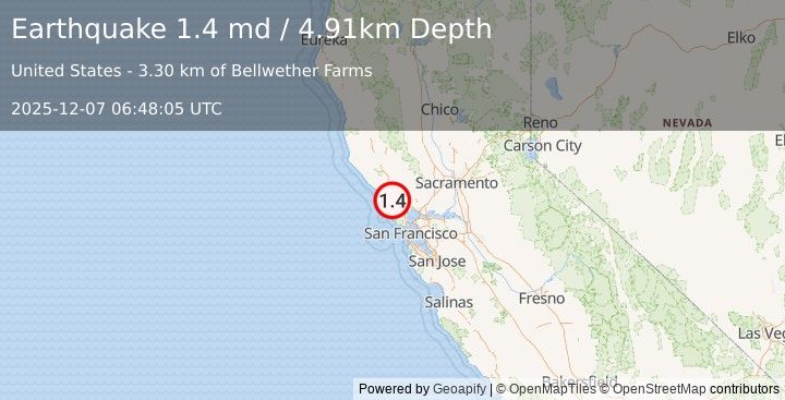 Earthquake 8 km WSW of Cotati, CA (1.4 md) (2025-12-07 06:48:05 UTC)