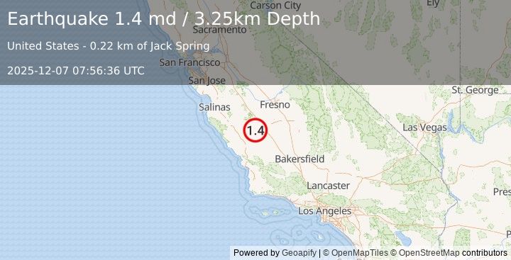 Earthquake 5 km SSW of Coalinga, CA (1.4 md) (2025-12-07 07:56:36 UTC)