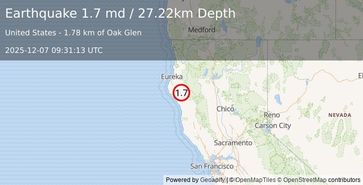 Earthquake 18 km NNE of Redway, CA (1.7 md) (2025-12-07 09:31:13 UTC)