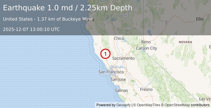 Earthquake 9 km WNW of The Geysers, CA (1.0 md) (2025-12-07 13:00:10 UTC)