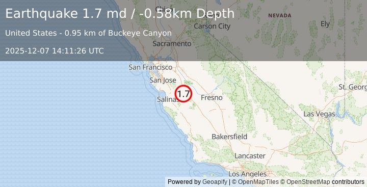 Earthquake 25 km SSW of Los Banos, CA (1.7 md) (2025-12-07 14:11:26 UTC)