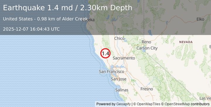 Earthquake 13 km NW of The Geysers, CA (1.4 md) (2025-12-07 16:04:43 UTC)