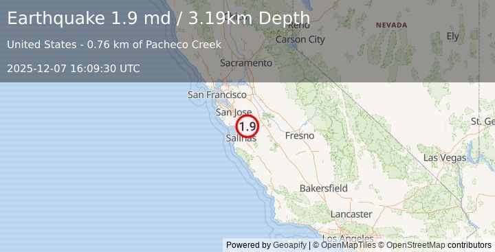 Earthquake 11 km ESE of Gilroy, CA (1.9 md) (2025-12-07 16:09:30 UTC)