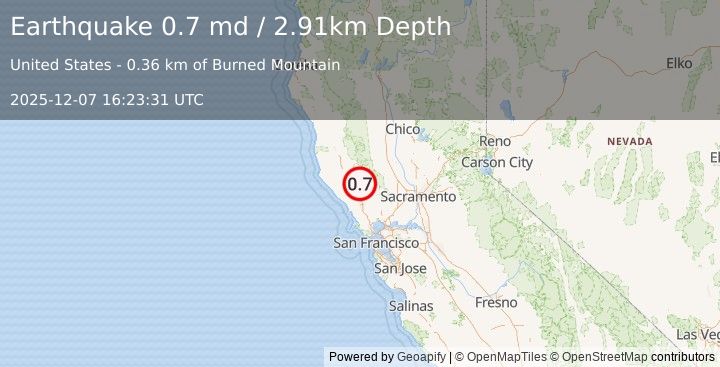 Earthquake 3 km NW of The Geysers, CA (0.7 md) (2025-12-07 16:23:31 UTC)