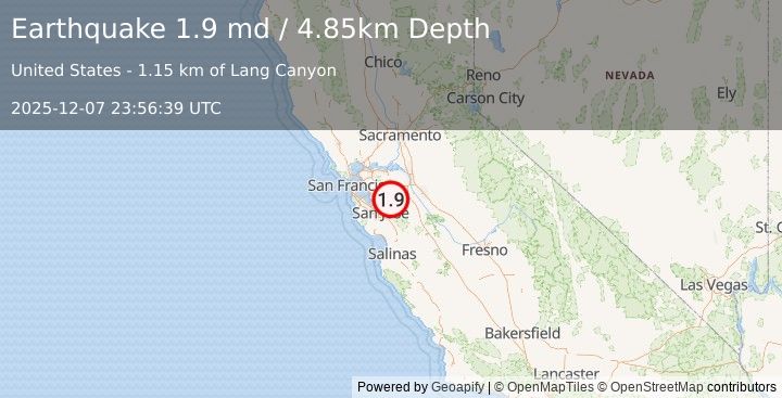 Earthquake 16 km SSE of Livermore, CA (1.9 md) (2025-12-07 23:56:39 UTC)